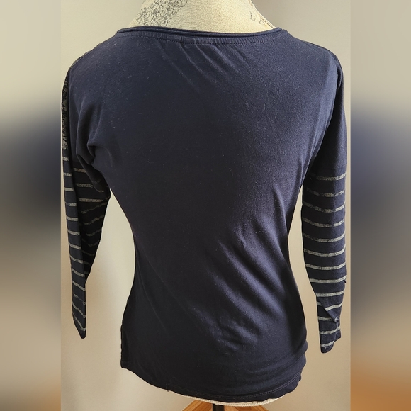 ESPRIT navy and grey 3/4 sleeve boat neck top in size S - Picture 2 of 9